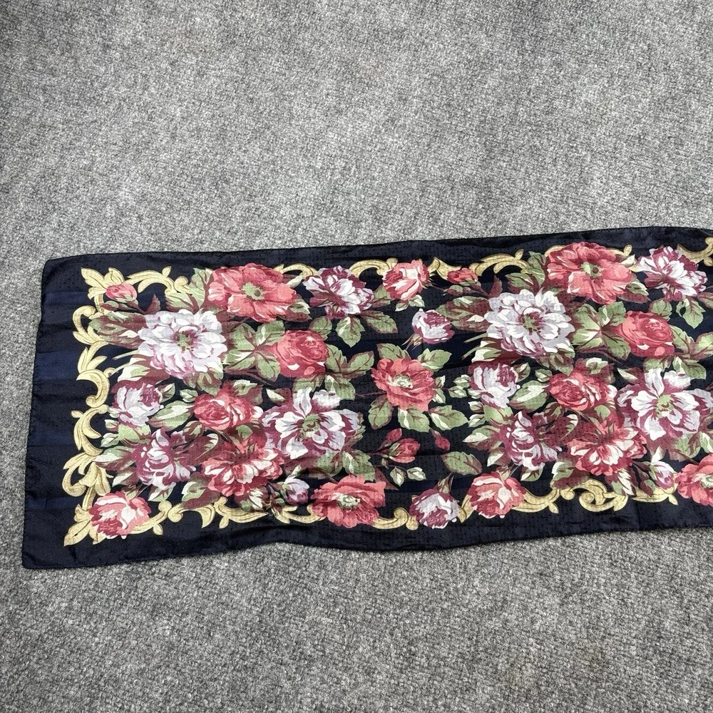Vintage 80s Kathie Lee Floral Scarf Navy Pink Rose Cottagecore Romantic 56x12
